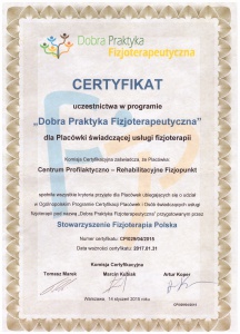 Certyfikat Dobra Praktyka Fizjoterapeutyczna